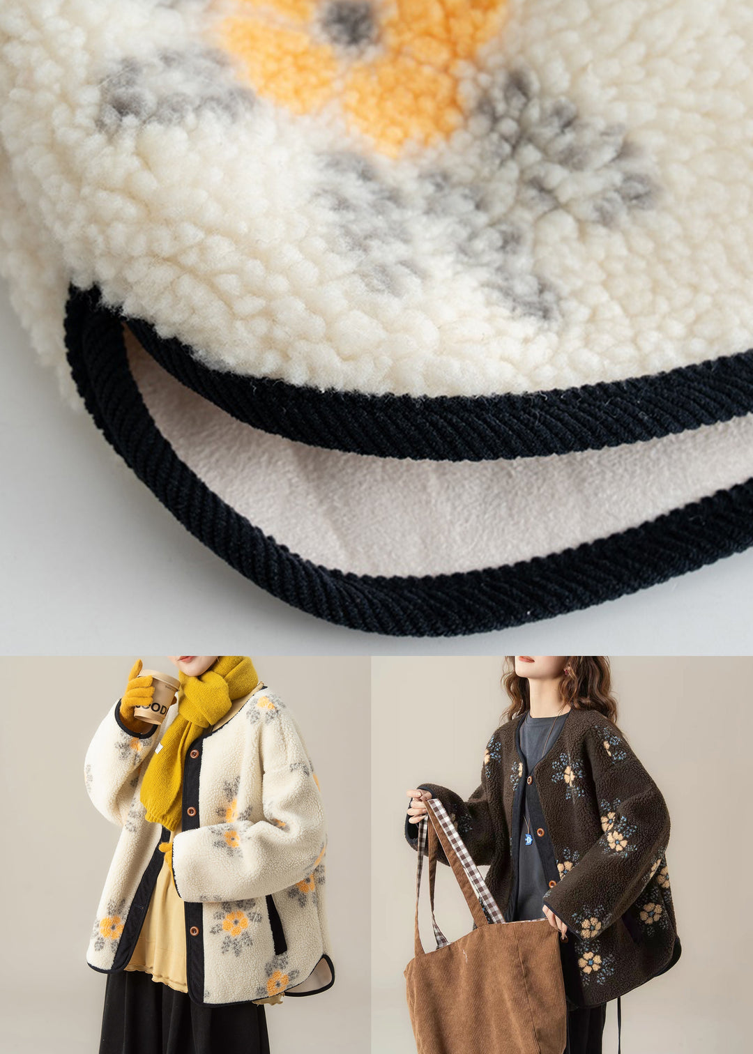 Apricot Pockets Coat And Yellow T Shirts Patchwork Fluffy Two Pieces Set O Neck