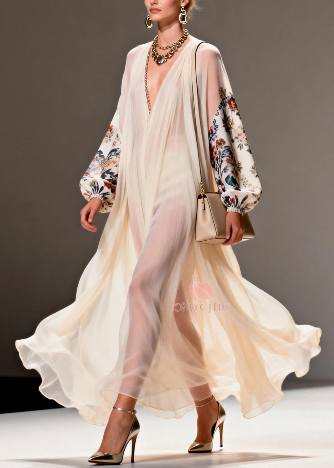 Apricot Print Chiffon Long Dresses Oversized Exra Large Hem Summer