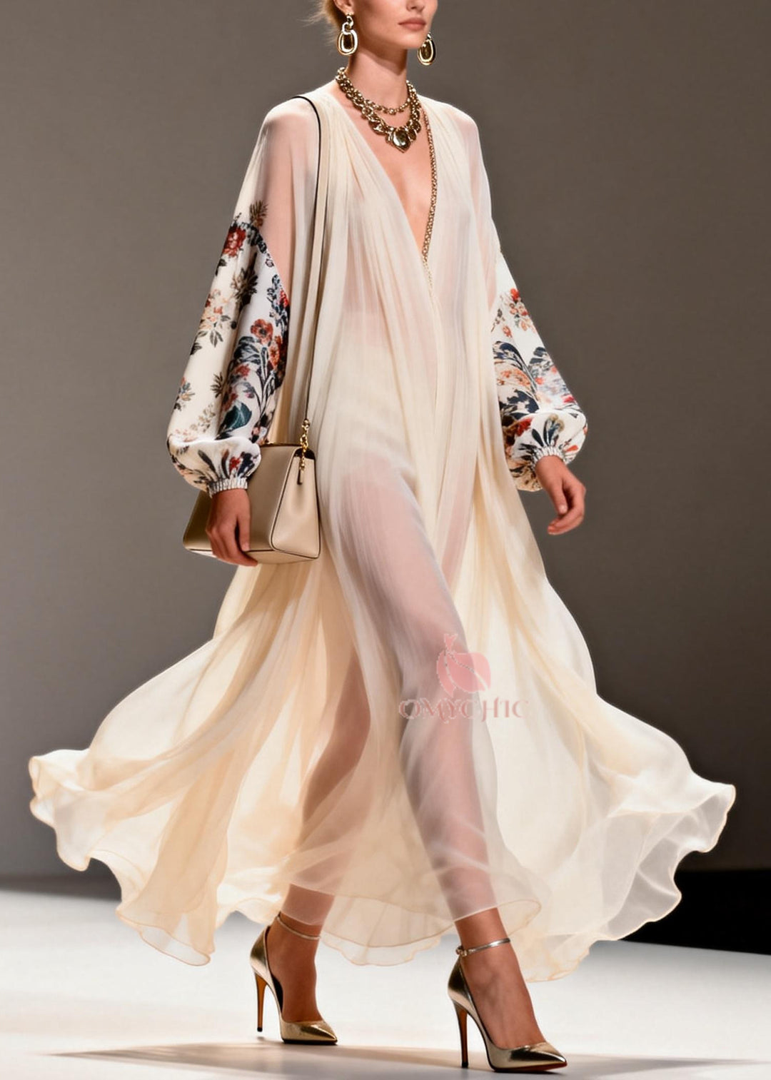 Apricot Print Chiffon Long Dresses Oversized Exra Large Hem Summer