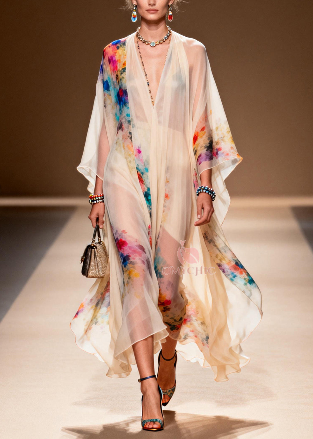 Apricot Print Chiffon Long Dresses Oversized Summer