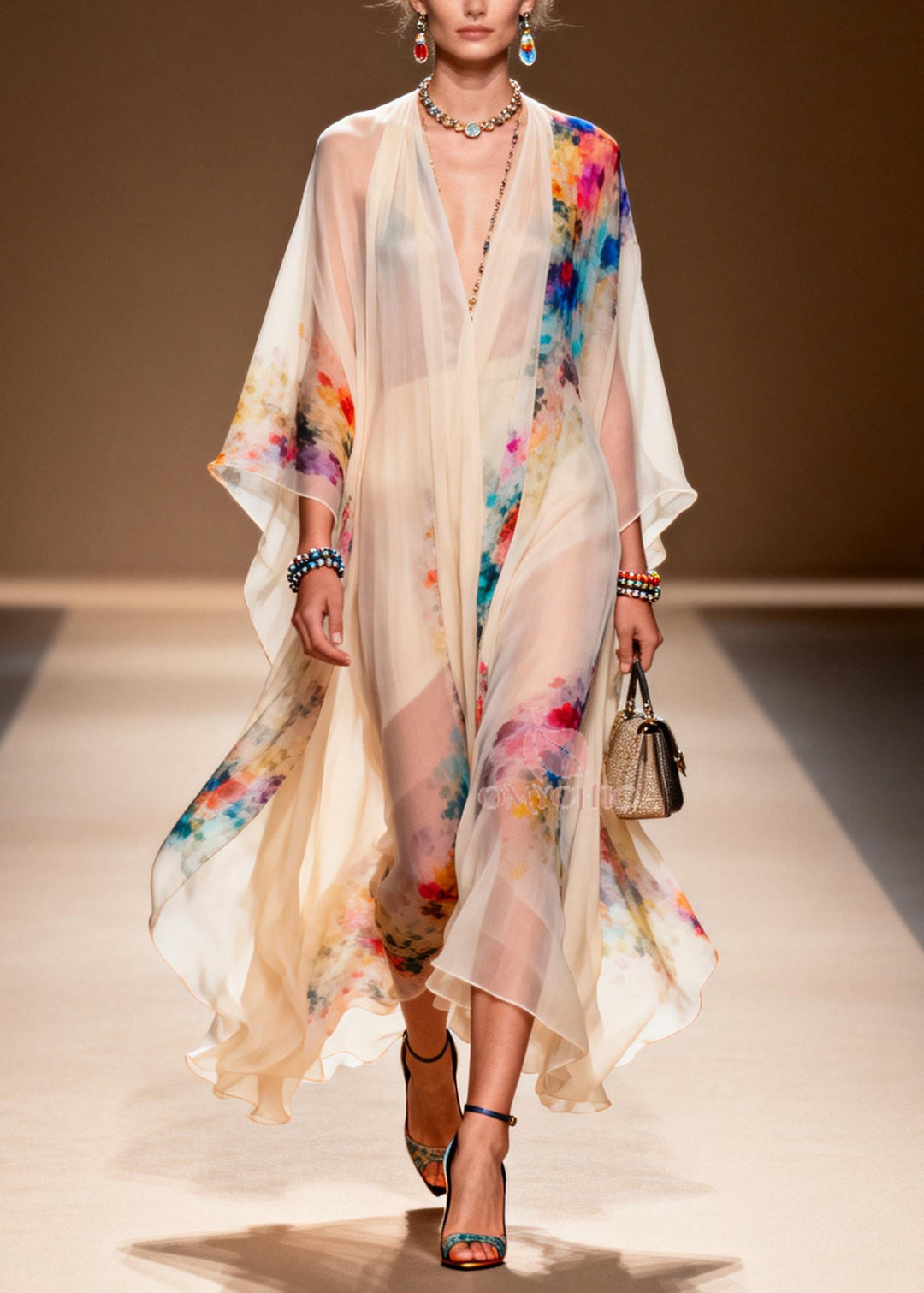 Apricot Print Chiffon Long Dresses Oversized Summer