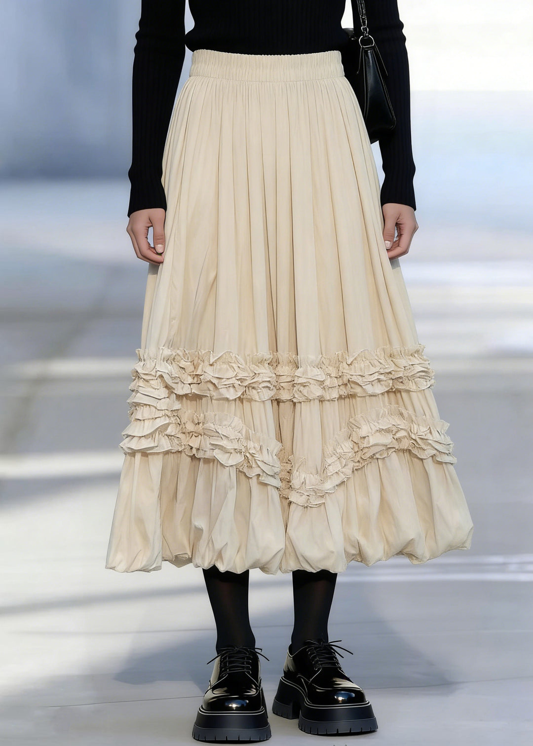 Apricot Ruffled Patchwork Elastic Waist Maxi Skirts