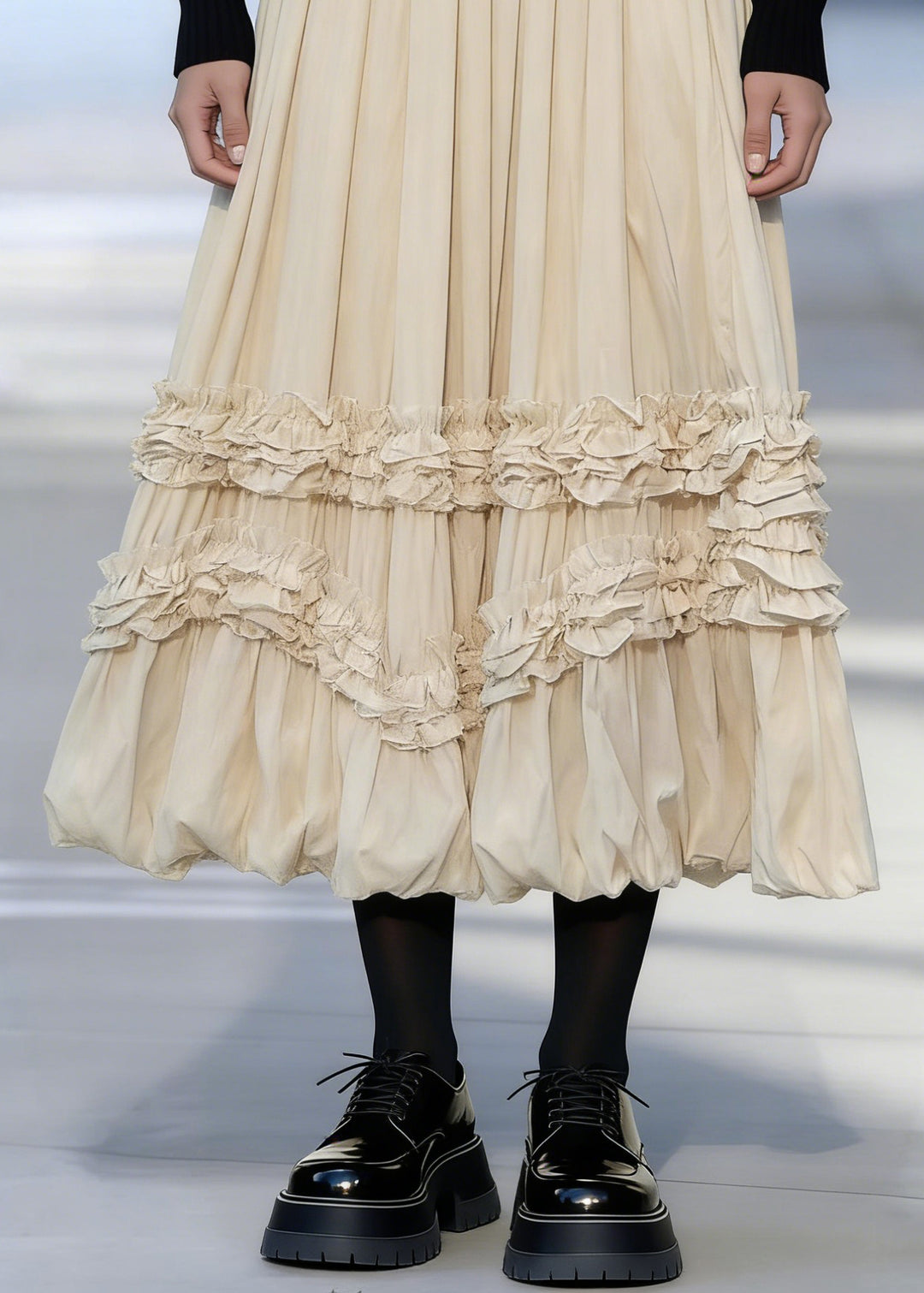 Apricot Ruffled Patchwork Elastic Waist Maxi Skirts