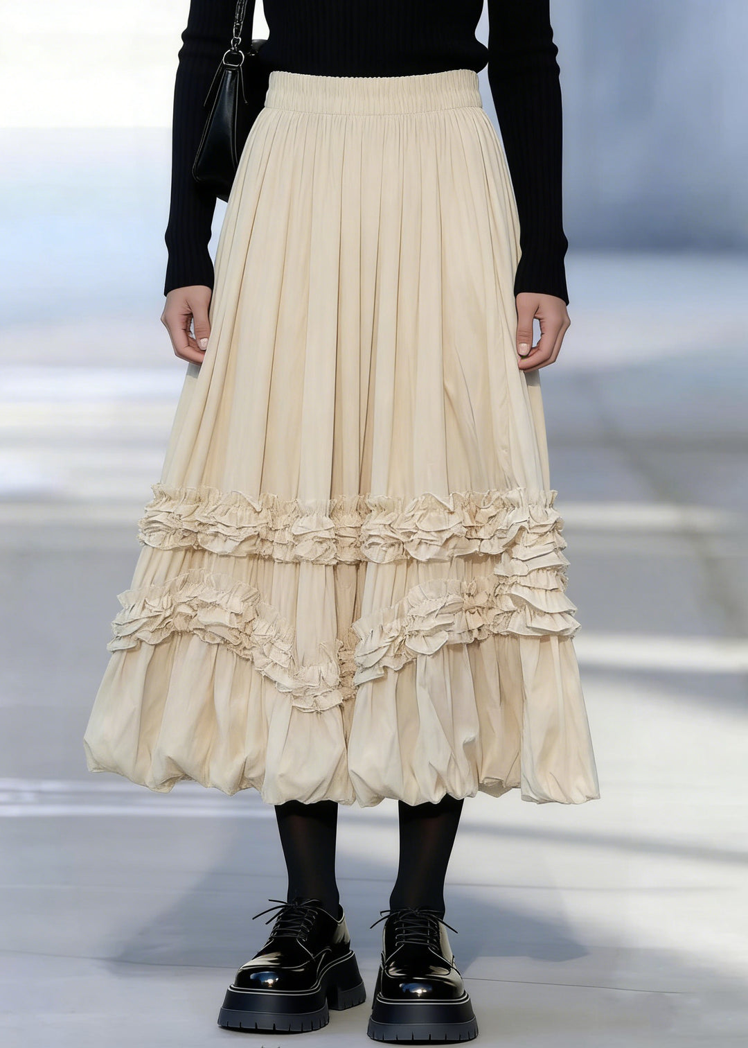 Apricot Ruffled Patchwork Elastic Waist Maxi Skirts