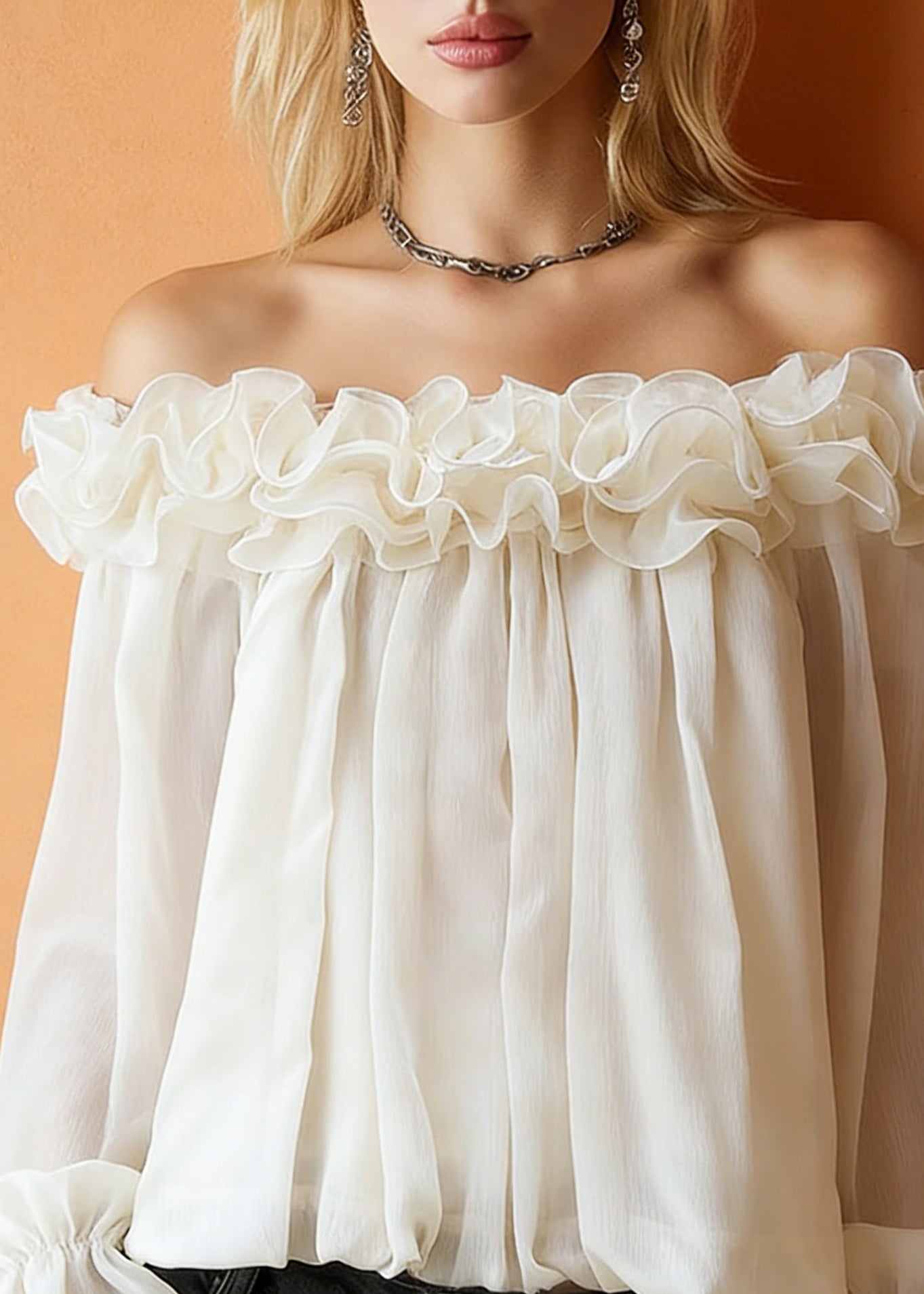Apricot Ruffled Solid Blouses Slash Neck Spring - Omychic