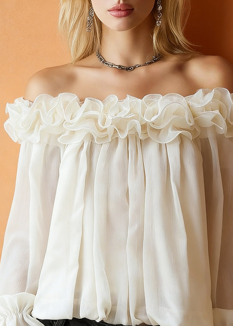 Apricot Ruffled Solid Blouses Slash Neck Spring - Omychic