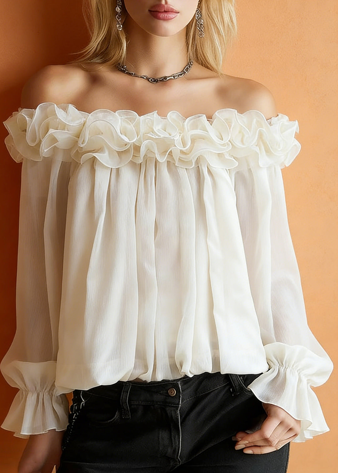 Apricot Ruffled Solid Blouses Slash Neck Spring - Omychic