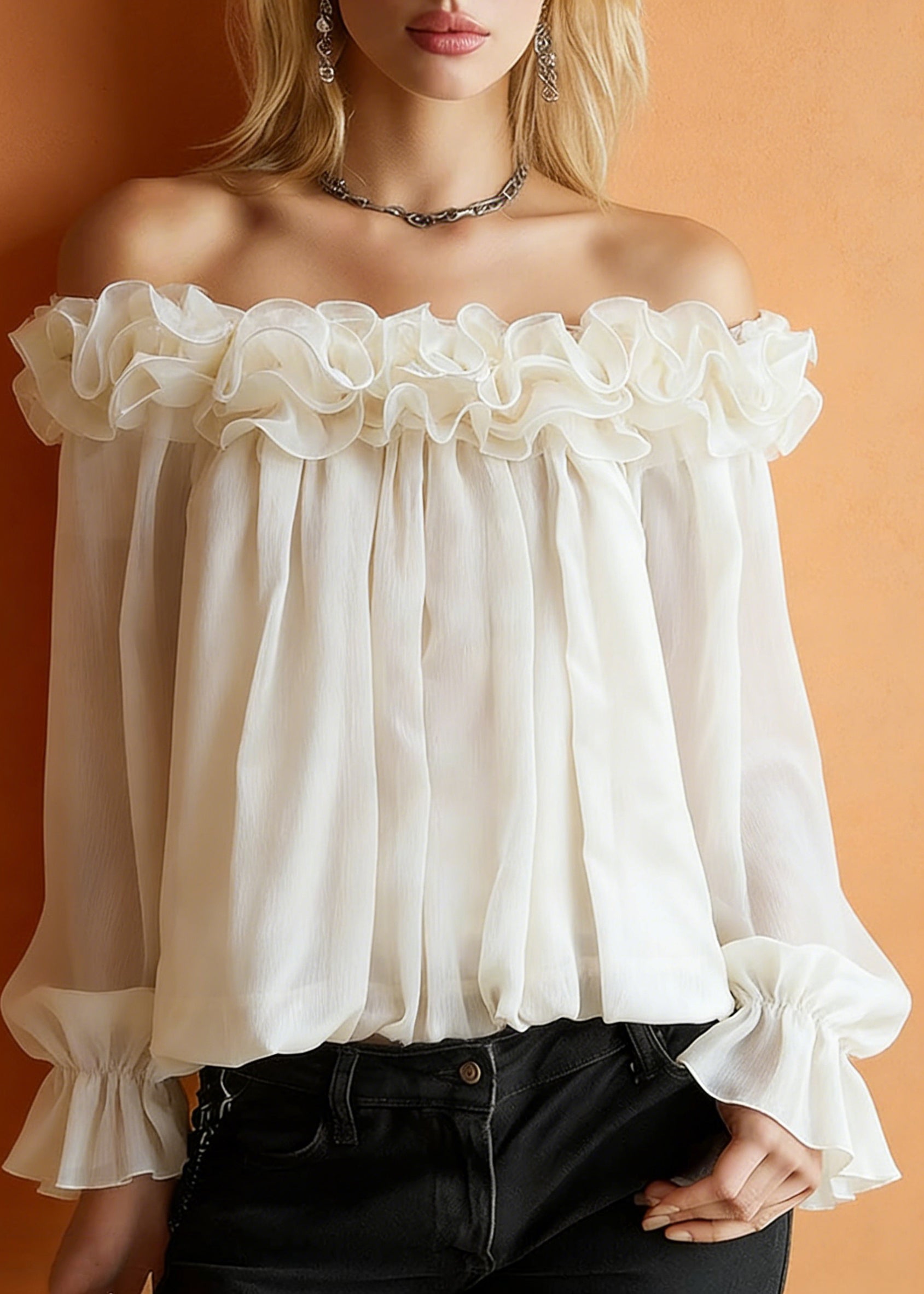 Apricot Ruffled Solid Blouses Slash Neck Spring - Omychic