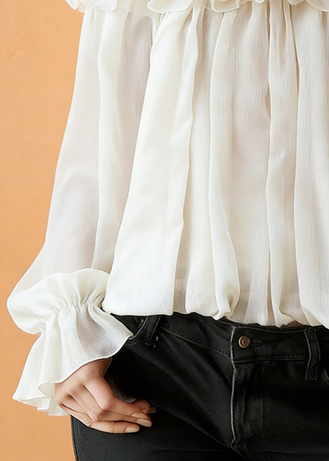 Apricot Ruffled Solid Blouses Slash Neck Spring - Omychic