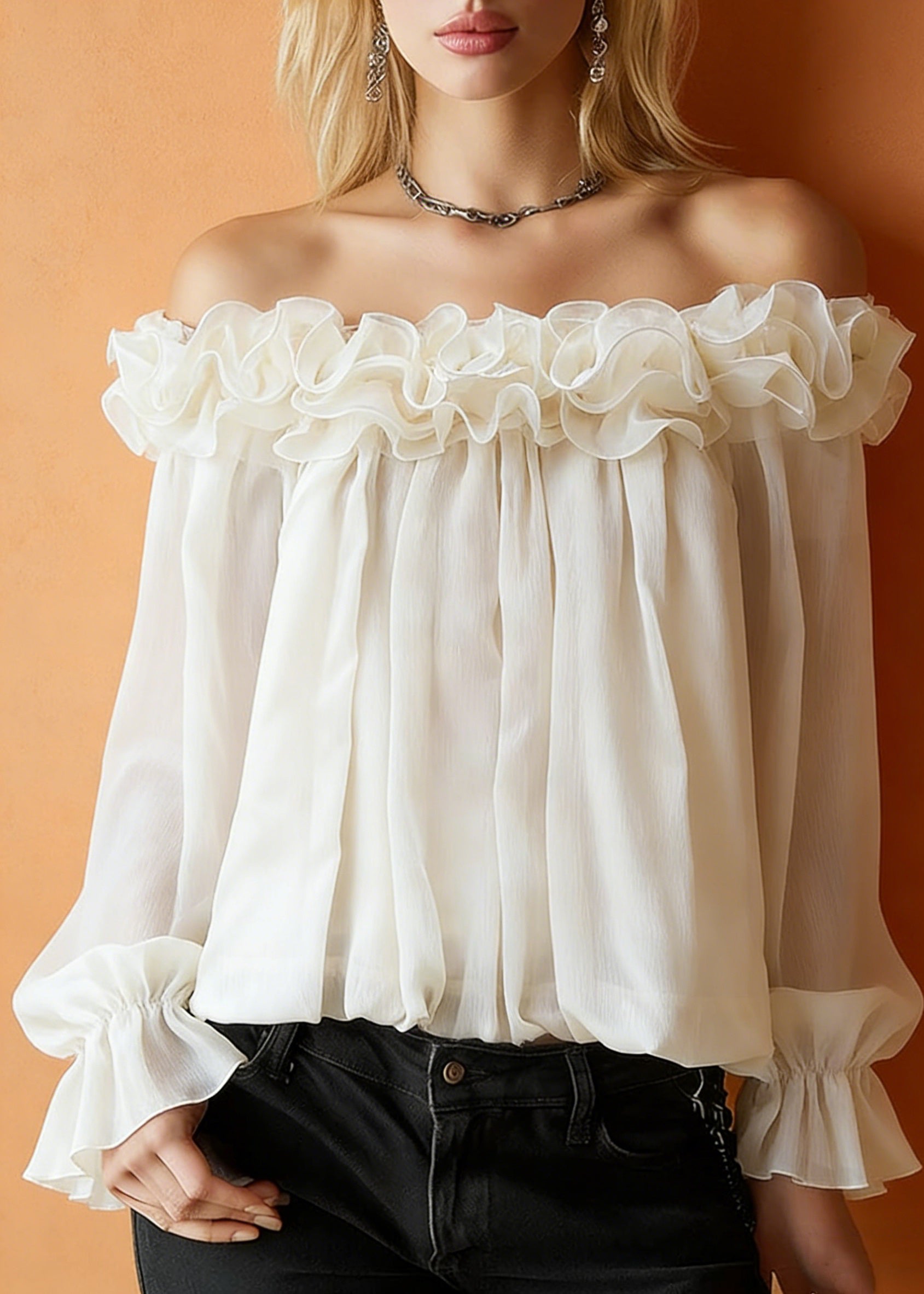 Apricot Ruffled Solid Blouses Slash Neck Spring - Omychic