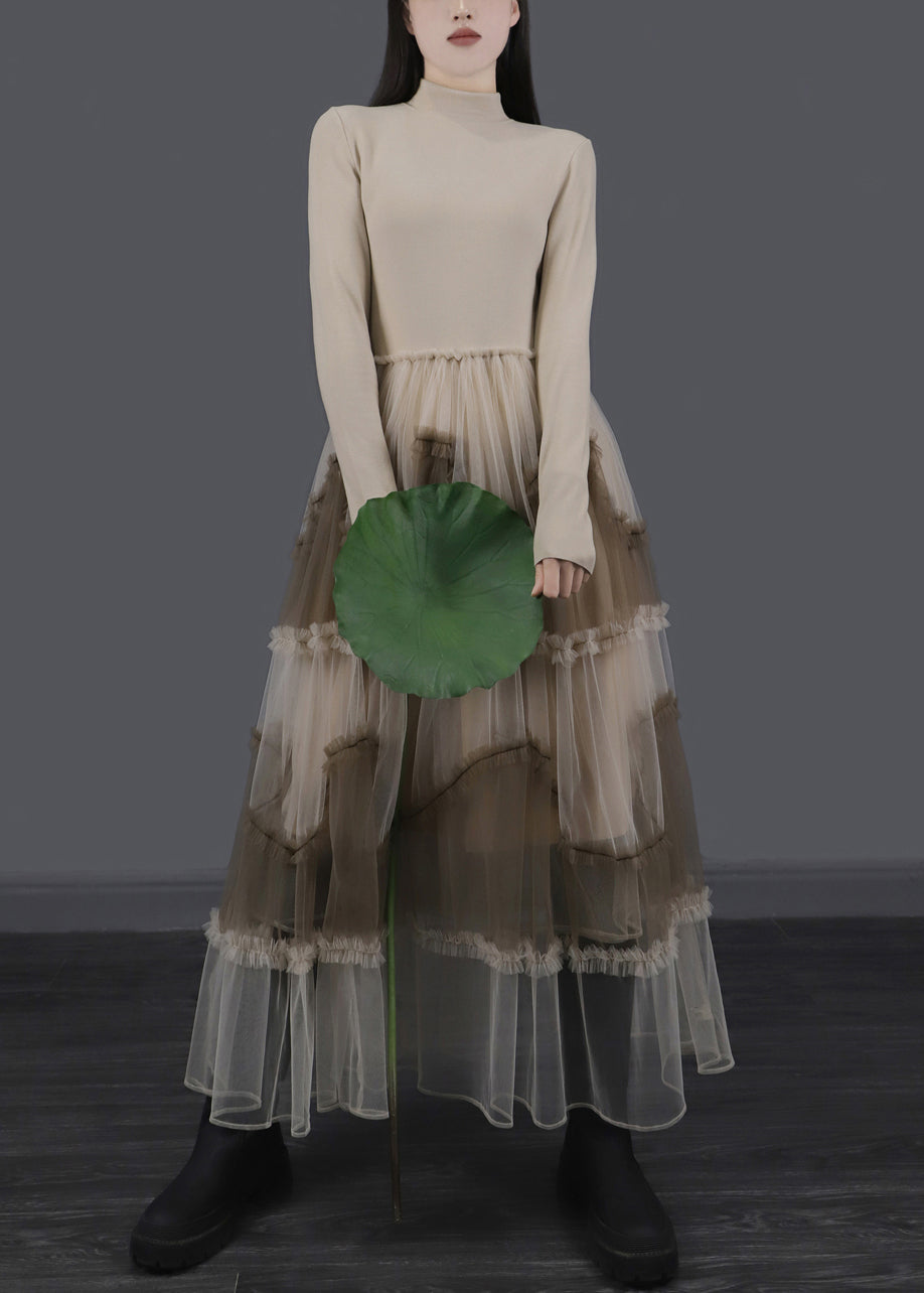 Apricot Ruffled Tulle Patchwork Slim Fit Long Dresses Asymmetrical