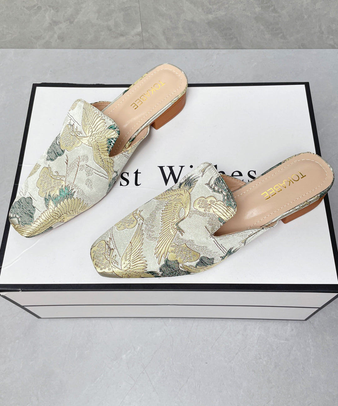 Apricot Satin Embroidered Chinese Style Splicing Slide Sandals