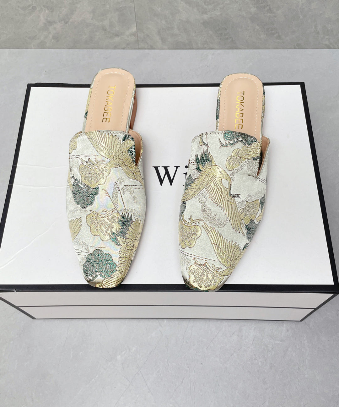 Apricot Satin Embroidered Chinese Style Splicing Slide Sandals