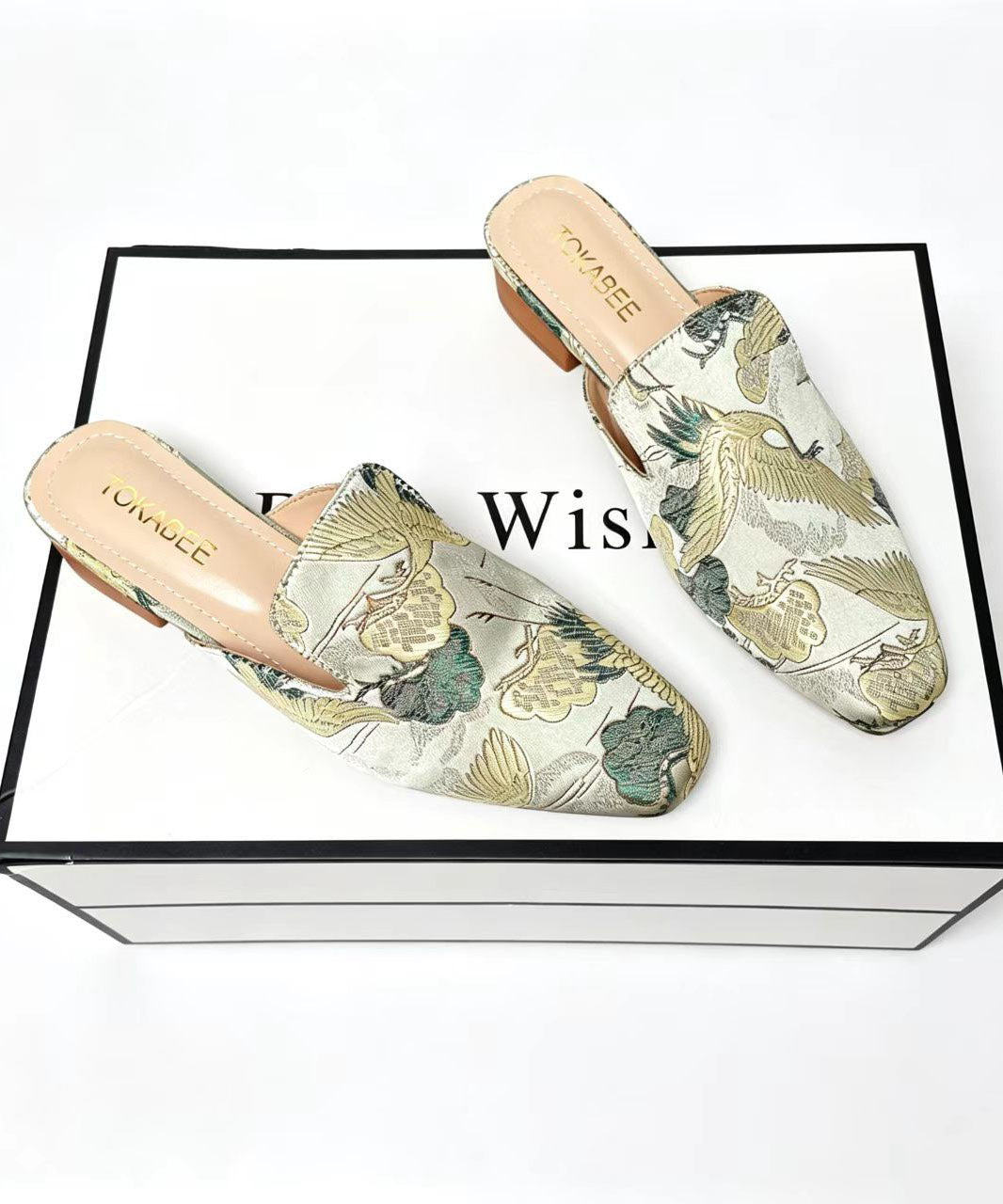 Apricot Satin Embroidered Chinese Style Splicing Slide Sandals