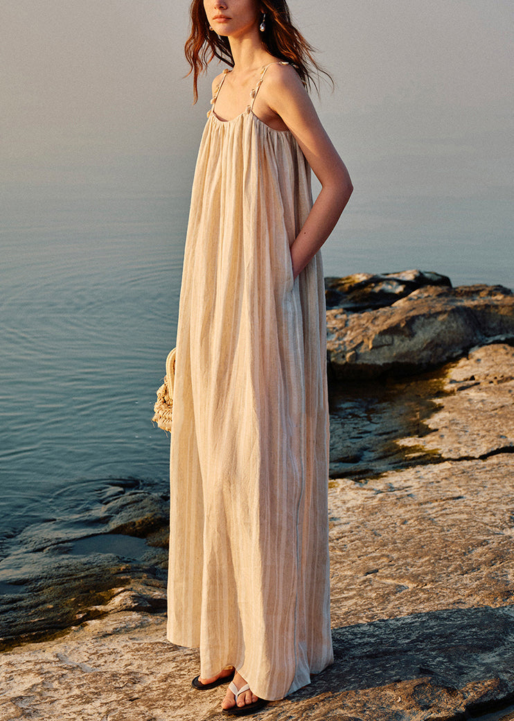 Apricot Shell Pockets Patchwork Linen Spaghetti Strap Dress Striped Summer