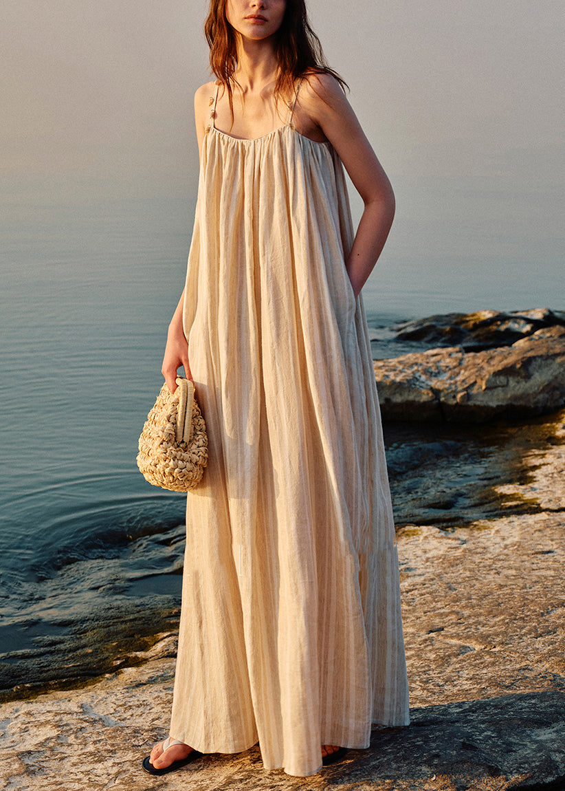 Apricot Shell Pockets Patchwork Linen Spaghetti Strap Dress Striped Summer