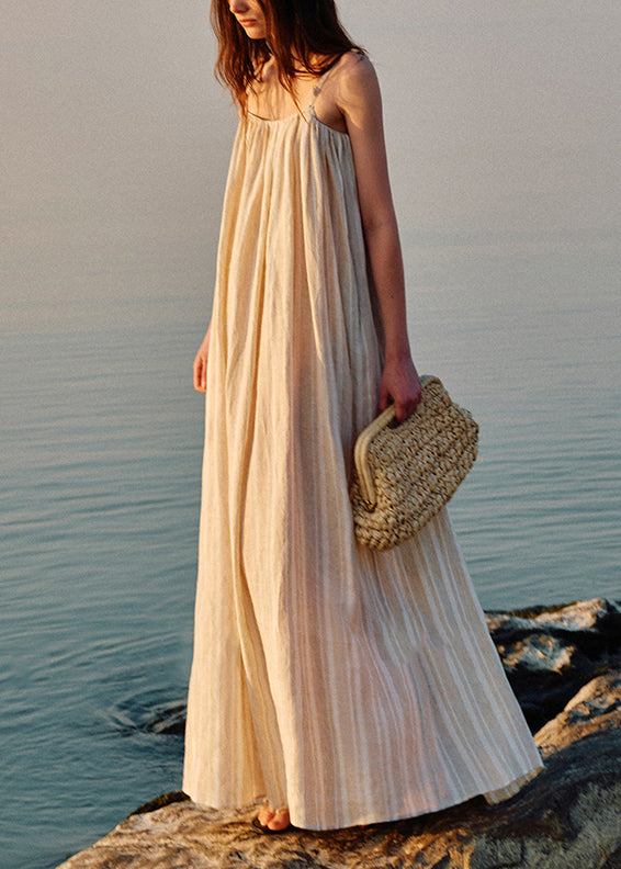 Apricot Shell Pockets Patchwork Linen Spaghetti Strap Dress Striped Summer