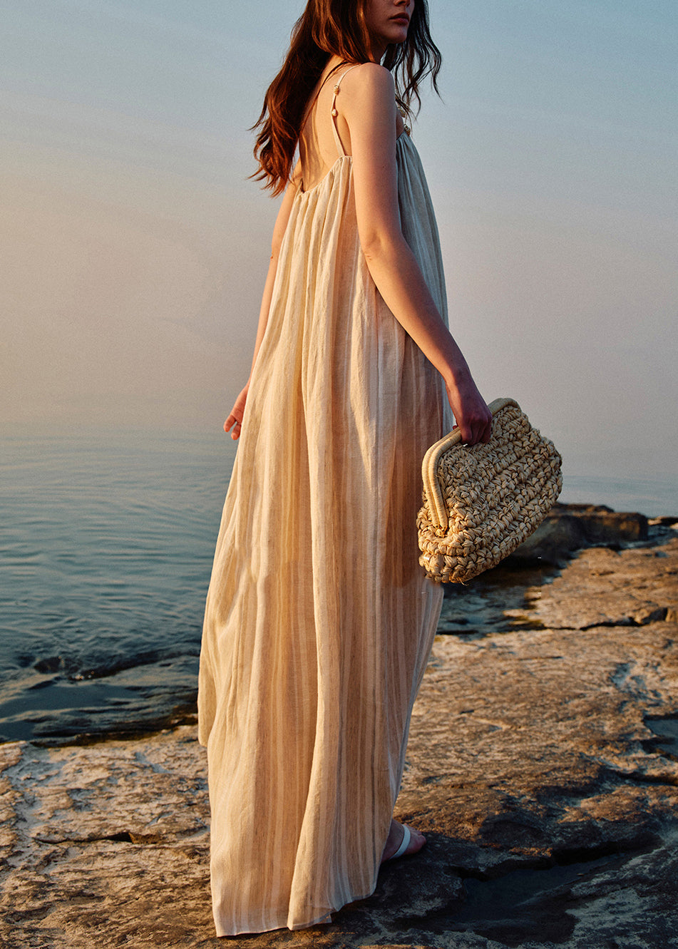 Apricot Shell Pockets Patchwork Linen Spaghetti Strap Dress Striped Summer
