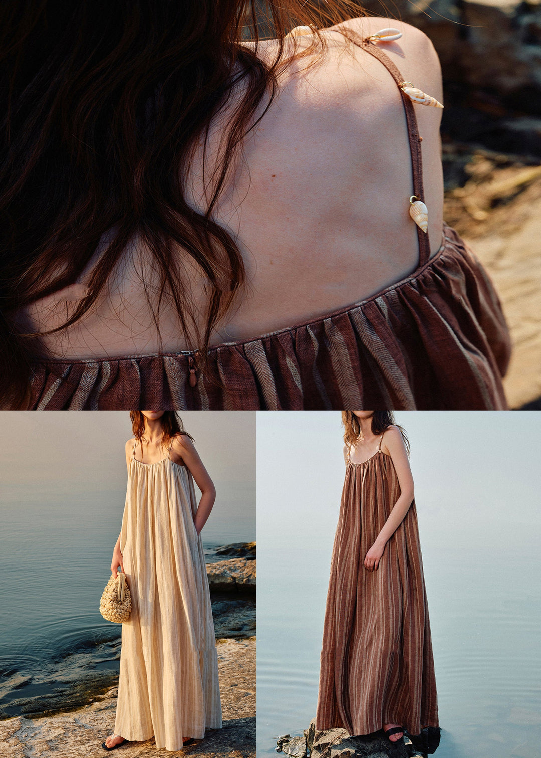 Apricot Shell Pockets Patchwork Linen Spaghetti Strap Dress Striped Summer