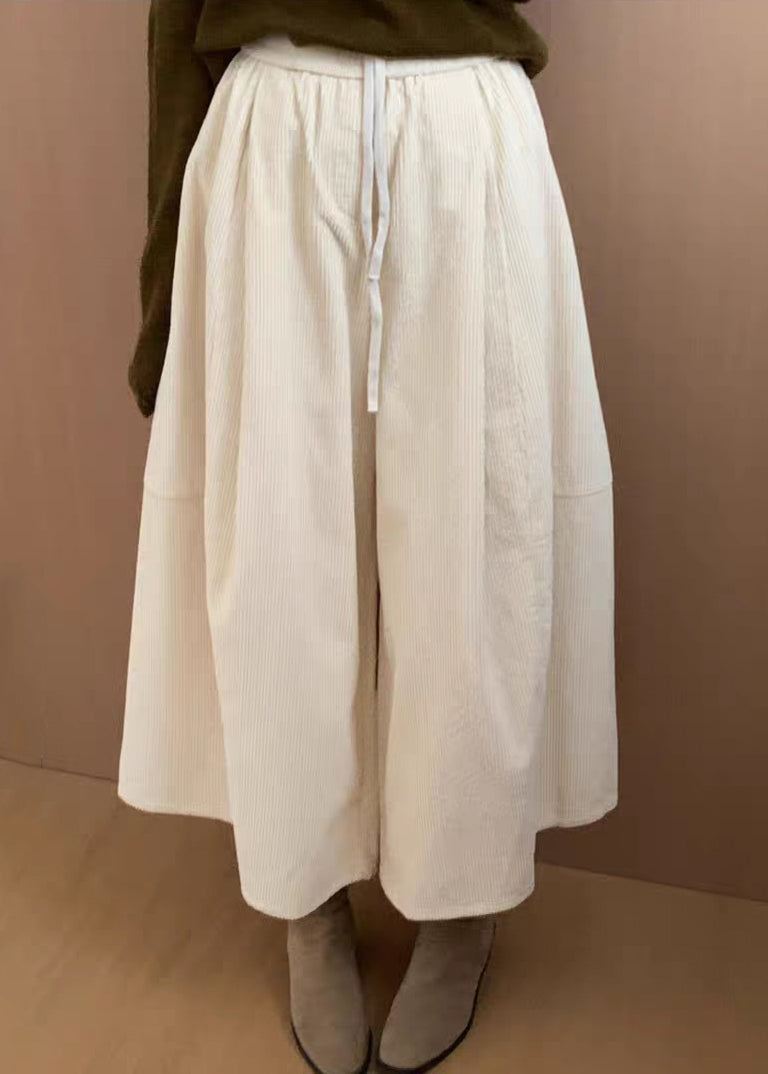 Apricot Solid Corduroy Wide Leg Pants Drawstring