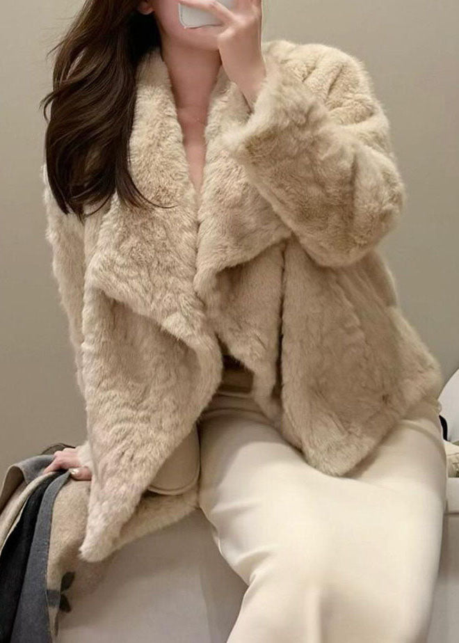Apricot Solid Warm Leather And Fur Coat Winter