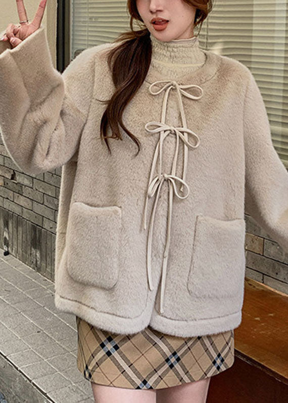 Apricot Tie Lace Pockets Mink Hair Coat Winter