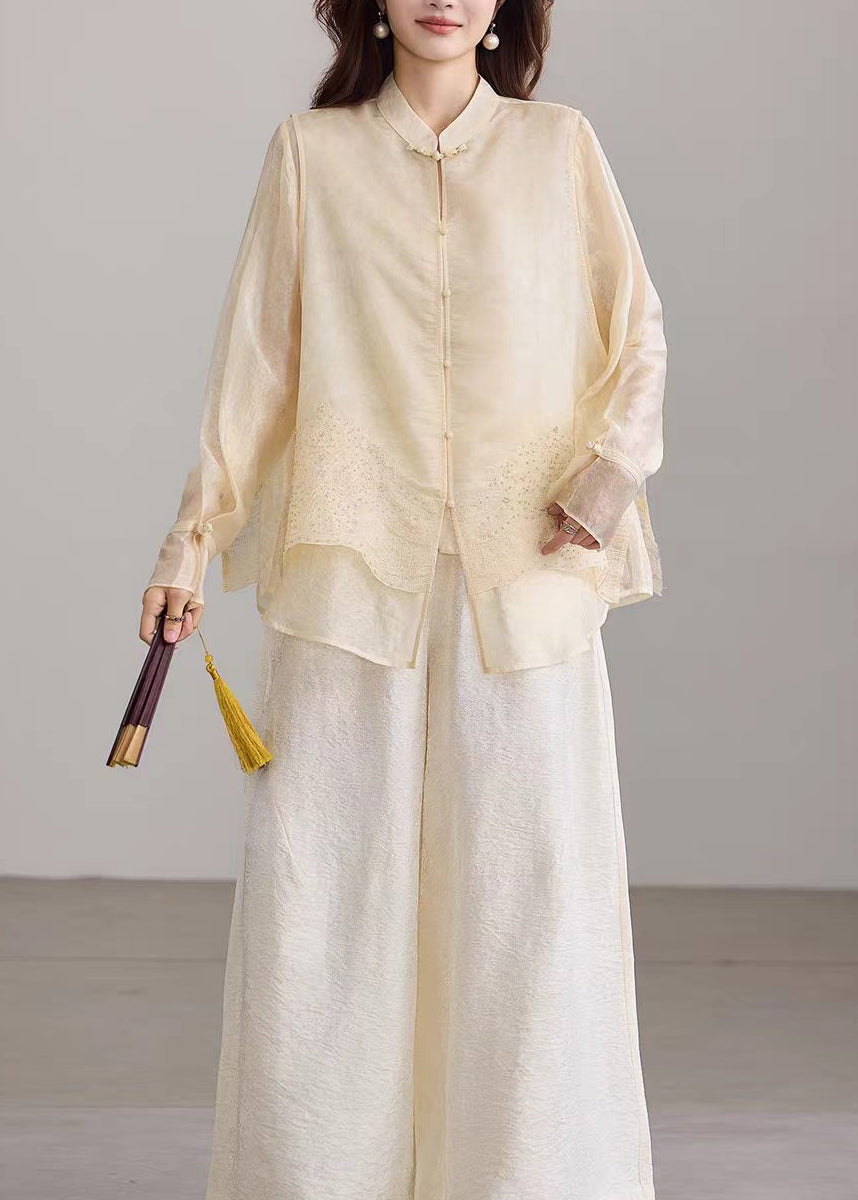 Apricot Top Mandarin Collar Button Nail Bead Embroidered Fake Two Piece Long Sleeve