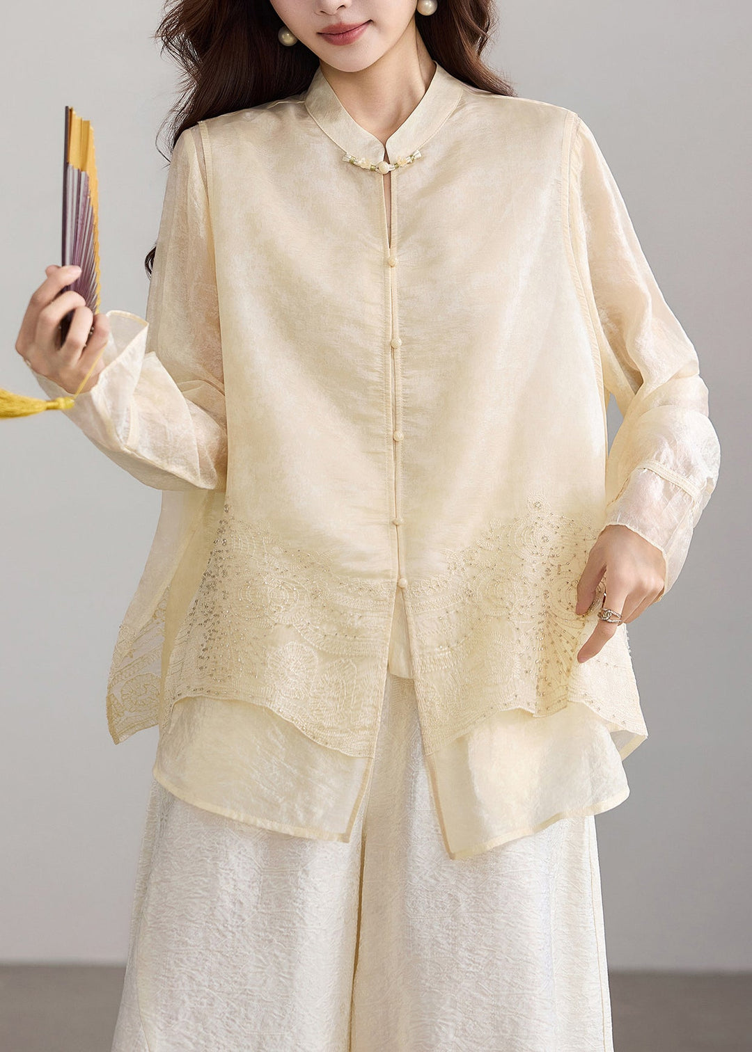 Apricot Top Mandarin Collar Button Nail Bead Embroidered Fake Two Piece Long Sleeve