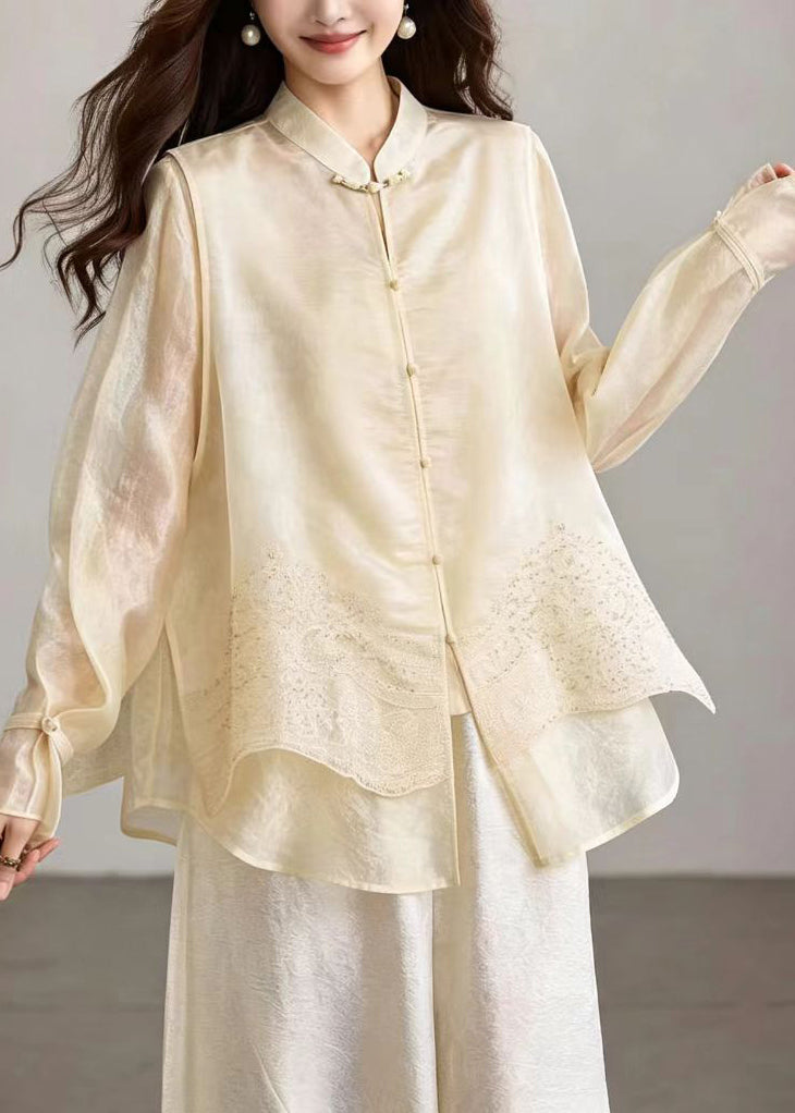 Apricot Top Mandarin Collar Button Nail Bead Embroidered Fake Two Piece Long Sleeve