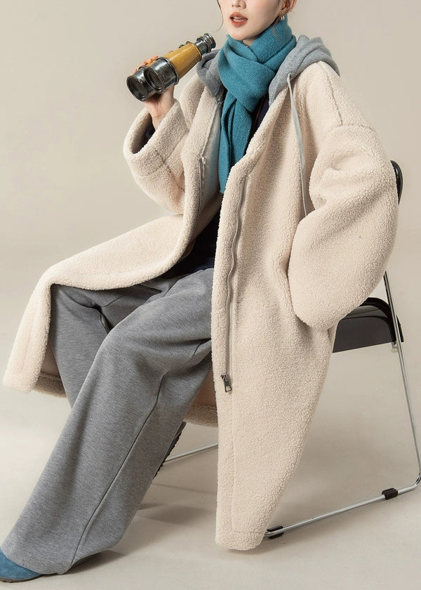 Apricot Zippered Pockets Patchwork Teddy Faux Fur Long Coats Hooded