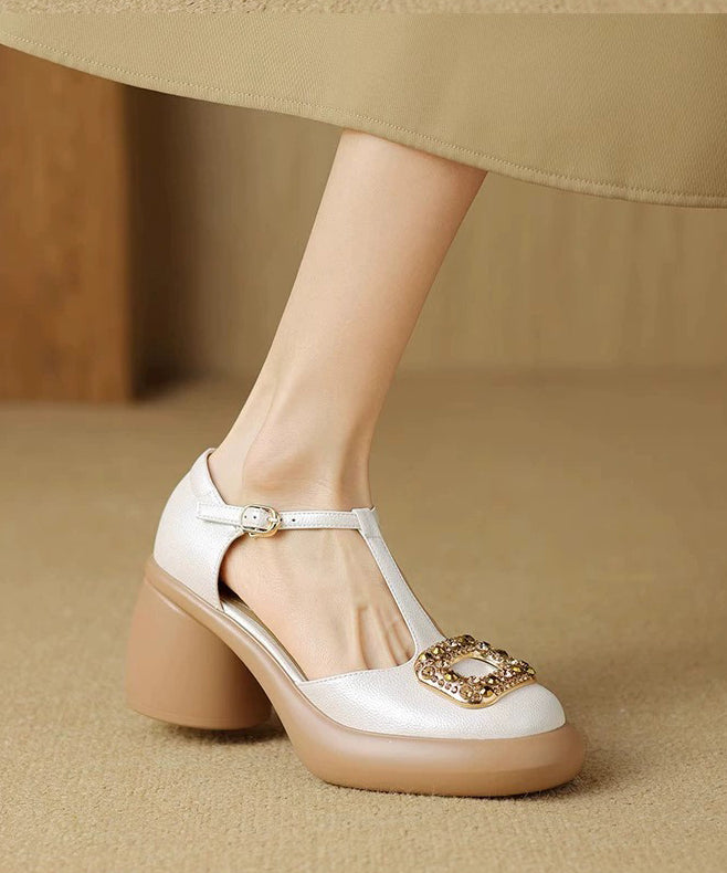 Apricot Zircon Splicing Chunky Heels Sandals Hollow Out