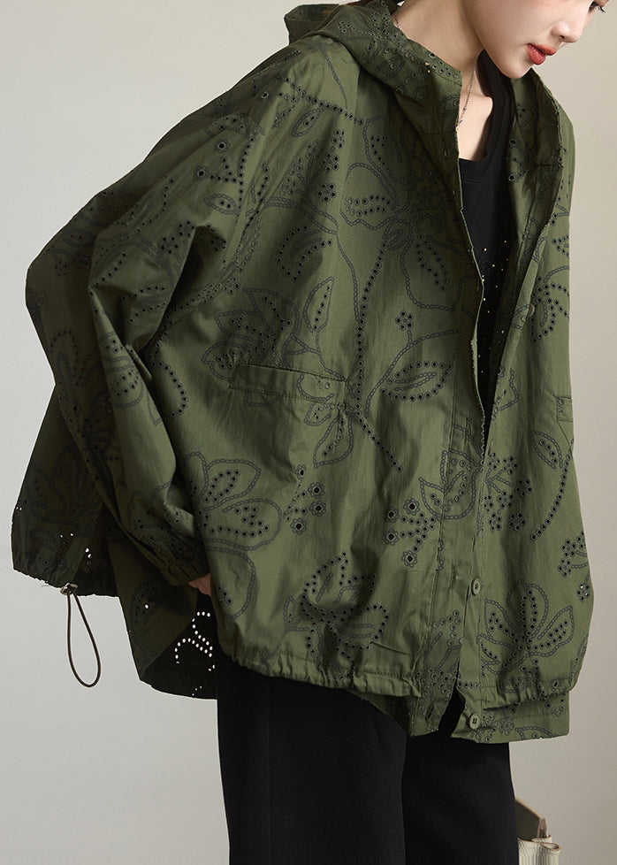 Army Green Cotton Hoodie Coat Embroidered Spring