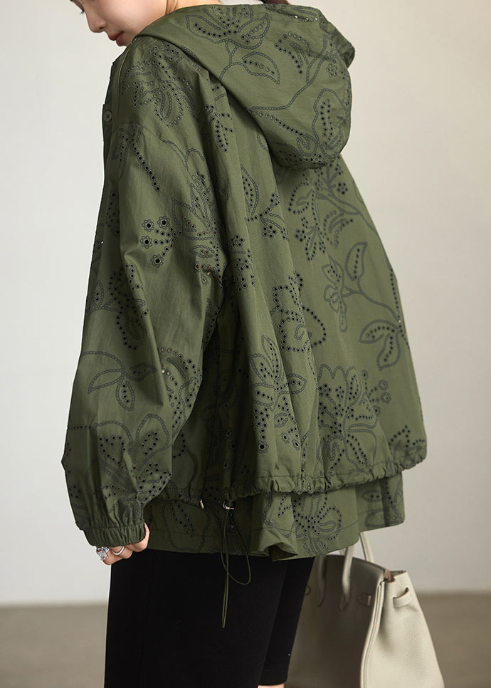 Army Green Cotton Hoodie Coat Embroidered Spring