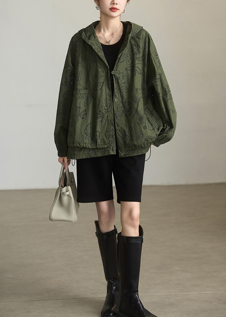 Army Green Cotton Hoodie Coat Embroidered Spring