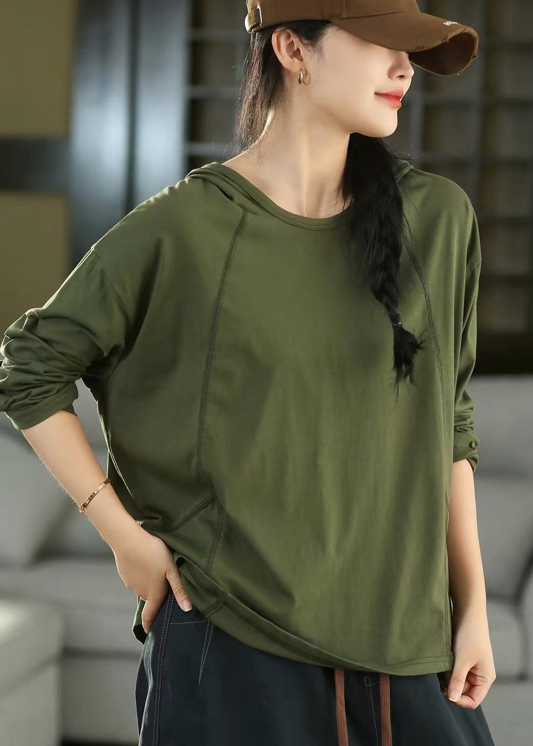 Army Green Cotton Loose Sweatshirts Top Hooded Fall