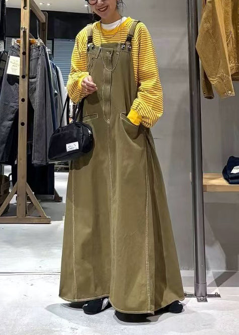Army Green Denim Cami Dresses Oversized Pockets Summer