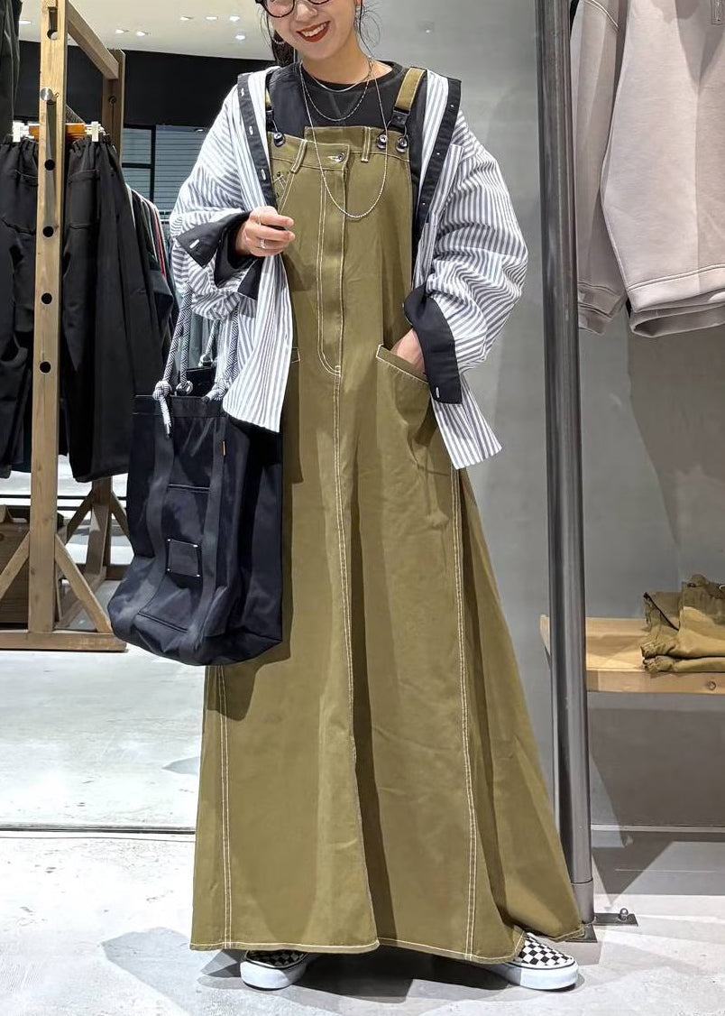Army Green Denim Cami Dresses Oversized Pockets Summer