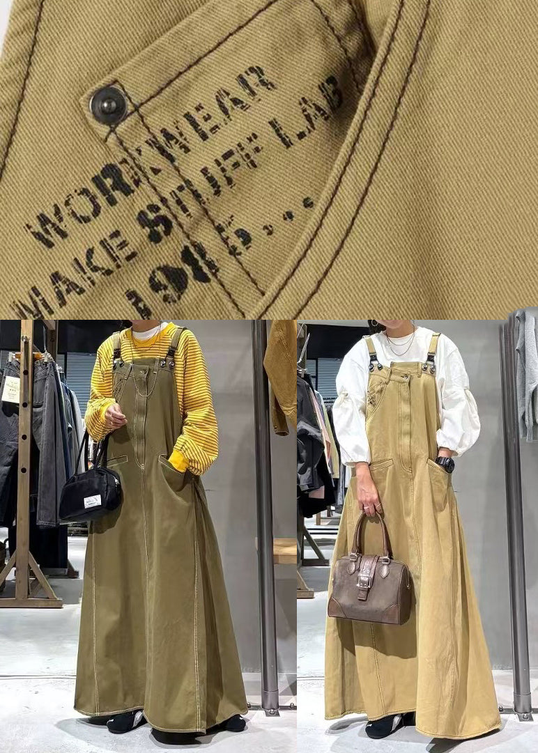 Army Green Denim Cami Dresses Oversized Pockets Summer