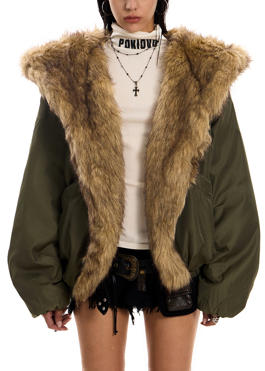 Army Green Faux Fur Cotton Filled Jacket Oversized Hooded Winter