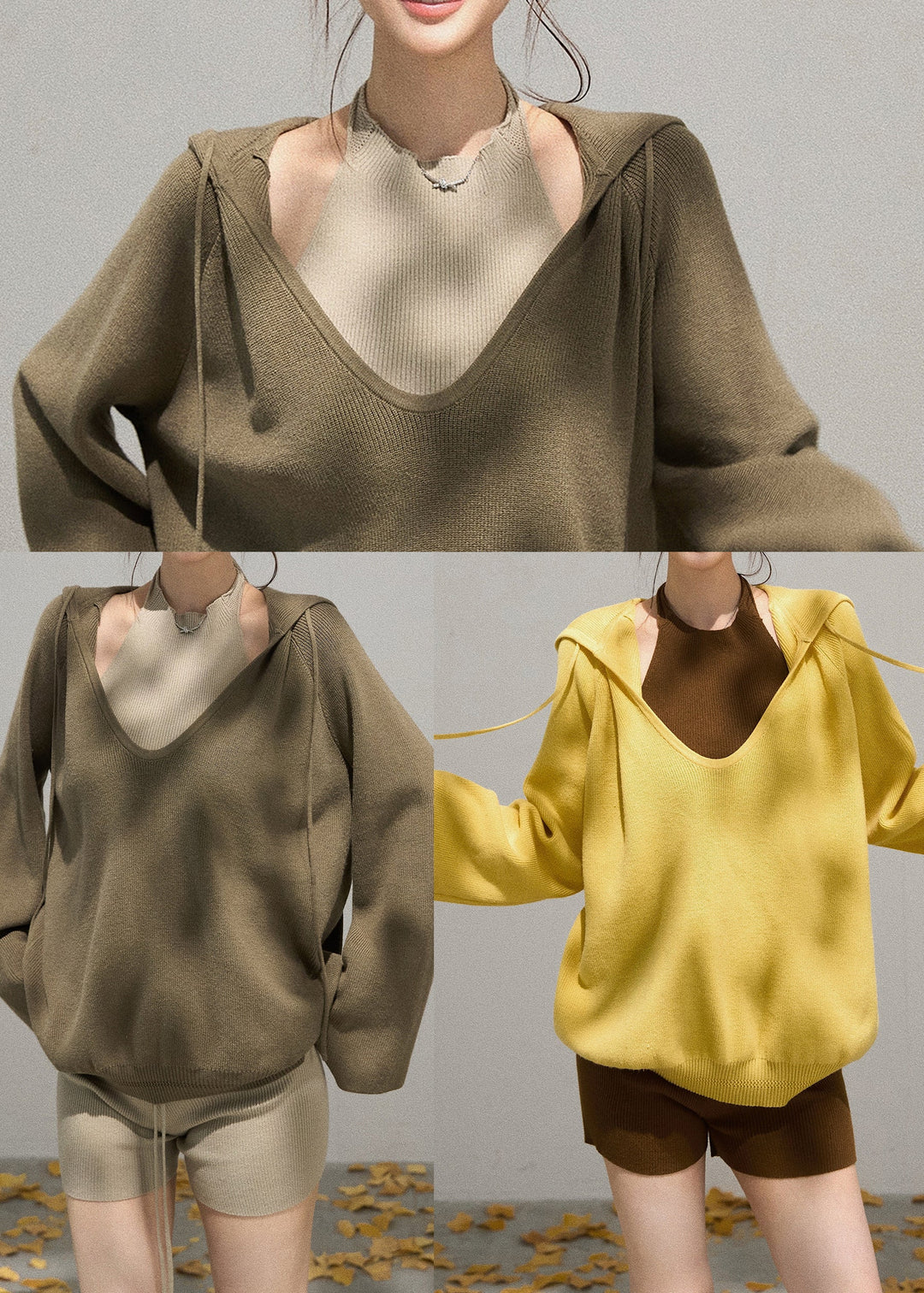 Army Green Knit Pullover Streetwear V Neck Hooded Fall