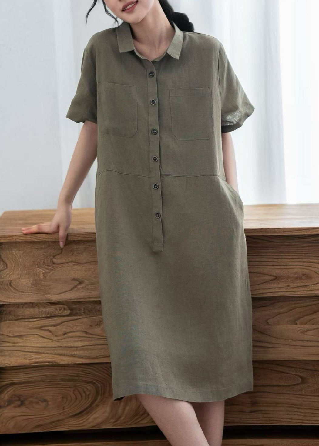 Army Green Linen Straight Dress Oversized Buttons Summer