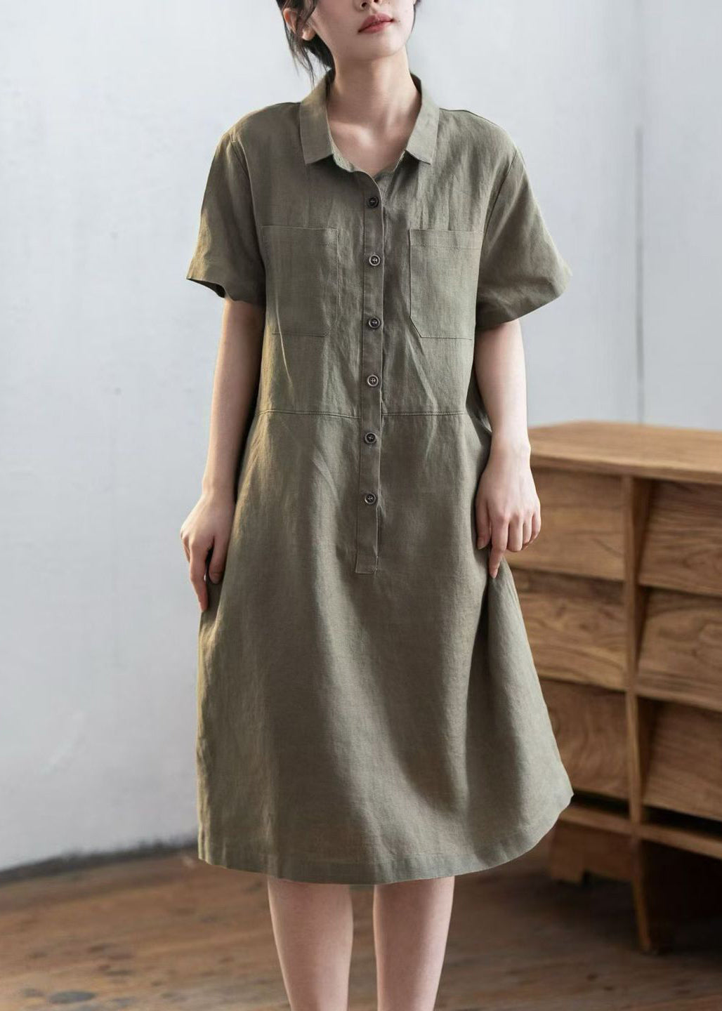 Army Green Linen Straight Dress Oversized Buttons Summer