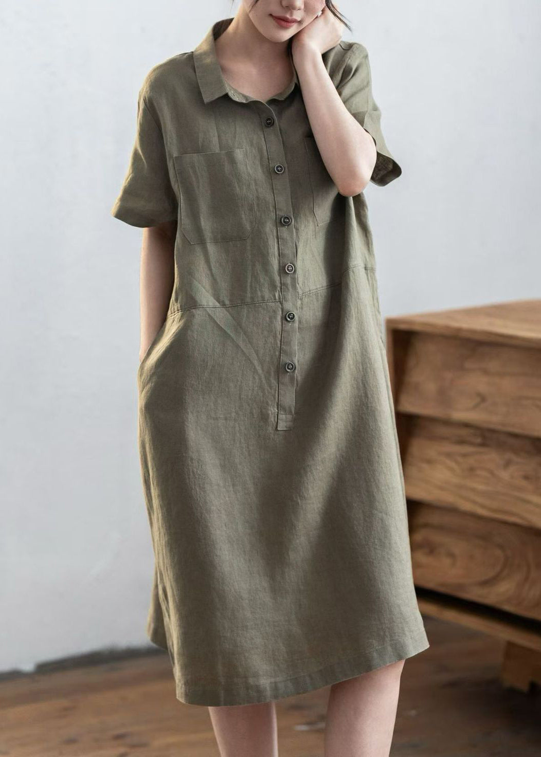 Army Green Linen Straight Dress Oversized Buttons Summer