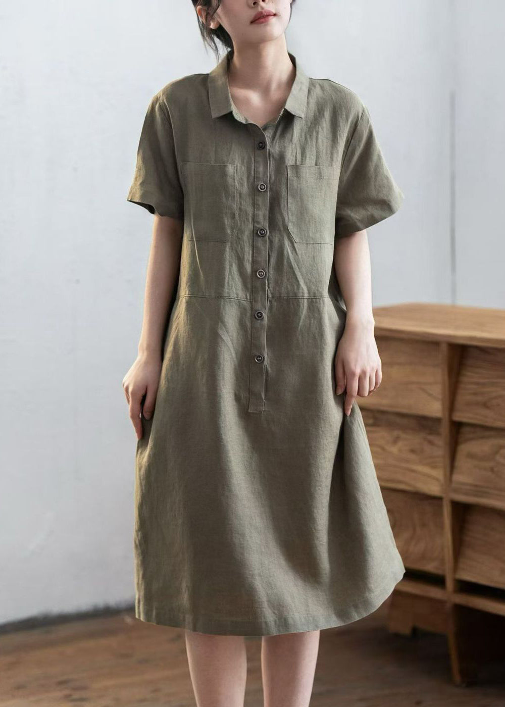 Army Green Linen Straight Dress Oversized Buttons Summer