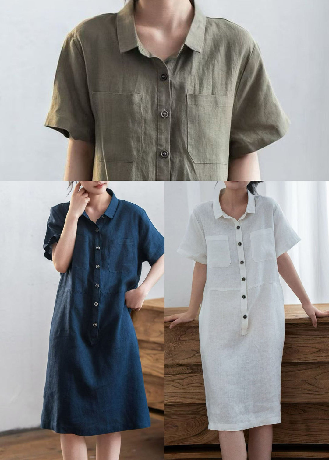 Army Green Linen Straight Dress Oversized Buttons Summer