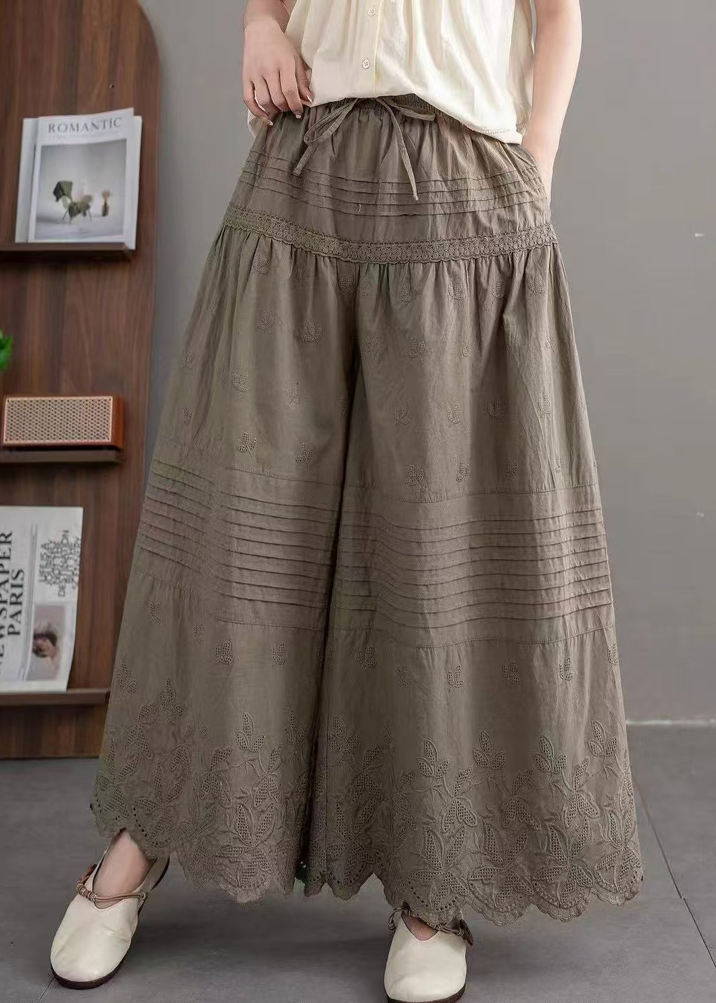 Army Green Oversized Wide Leg Pants Embroidered Summer