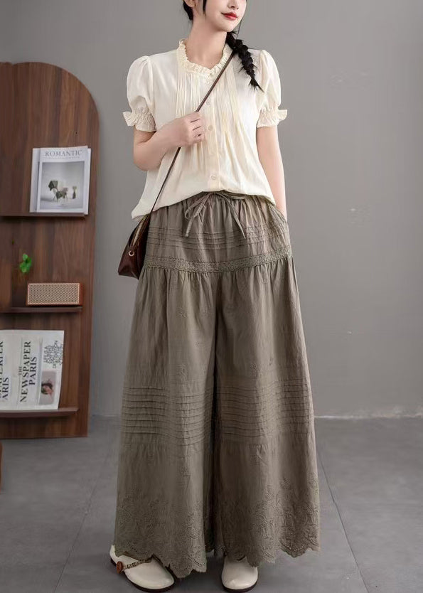 Army Green Oversized Wide Leg Pants Embroidered Summer