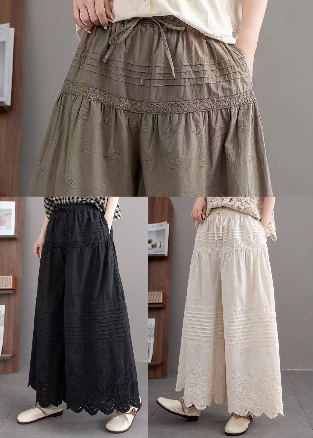 Army Green Oversized Wide Leg Pants Embroidered Summer