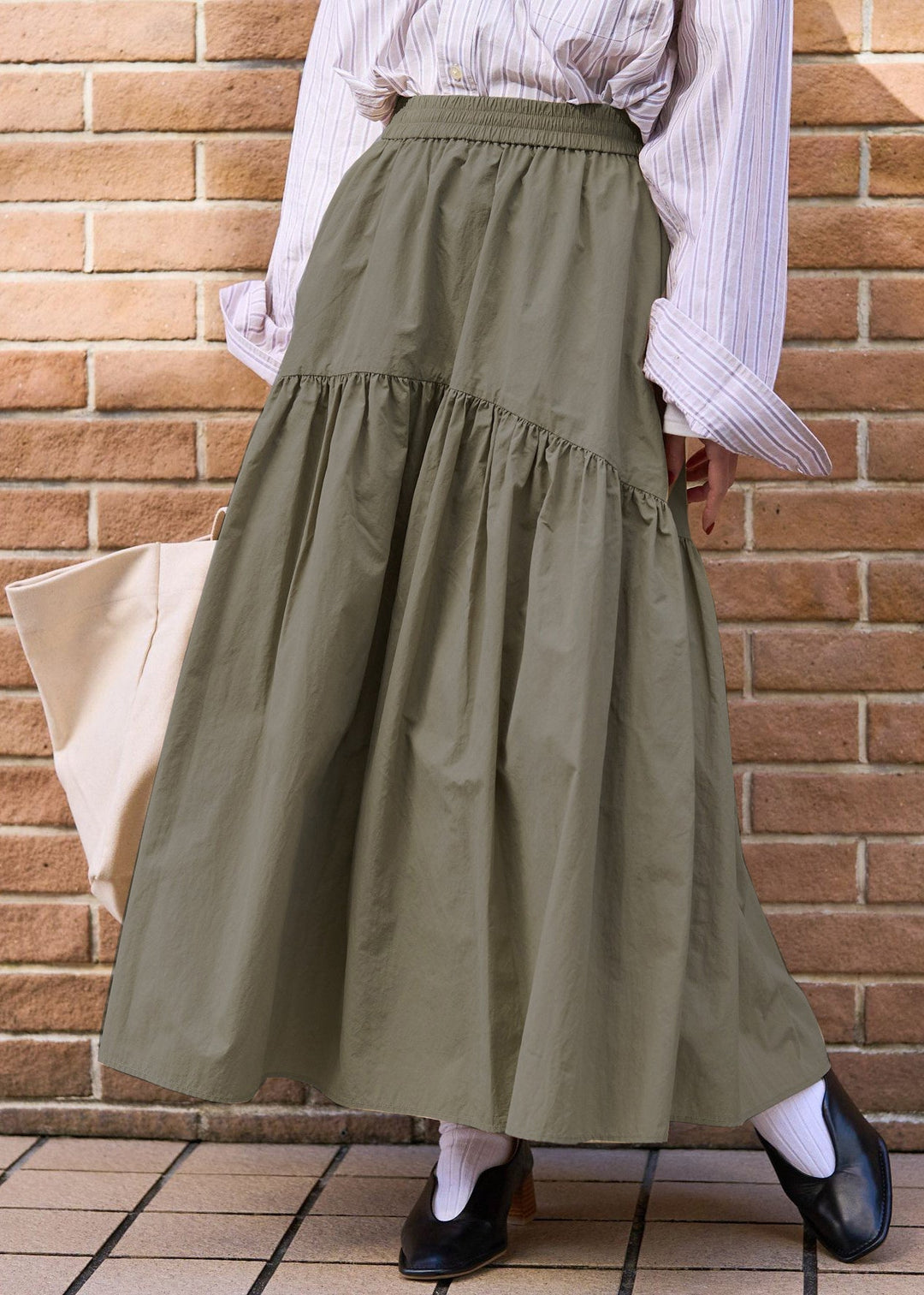 Army Green Patchwork Cotton Skirts Exra Large Hem Fall