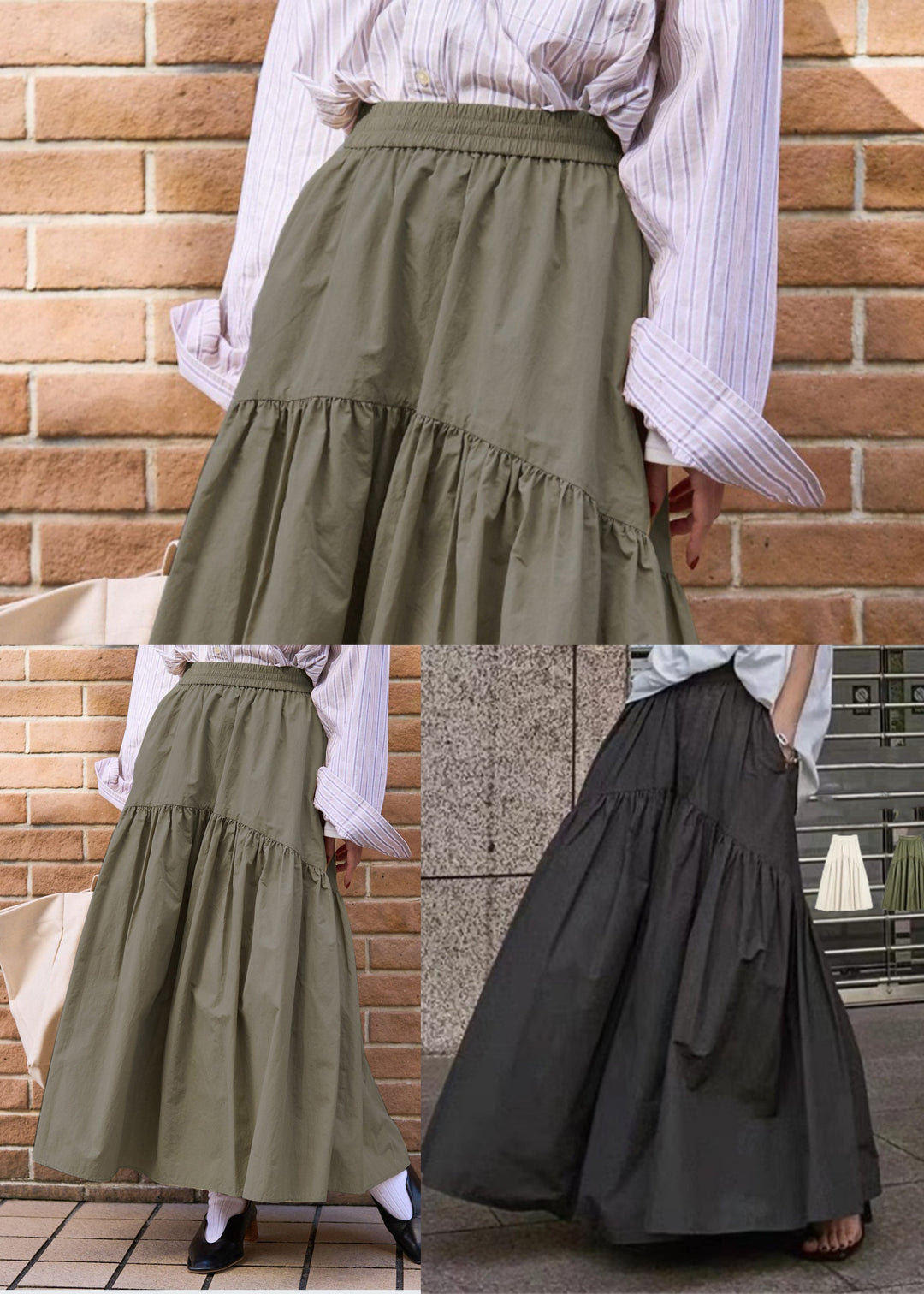 Army Green Patchwork Cotton Skirts Exra Large Hem Fall